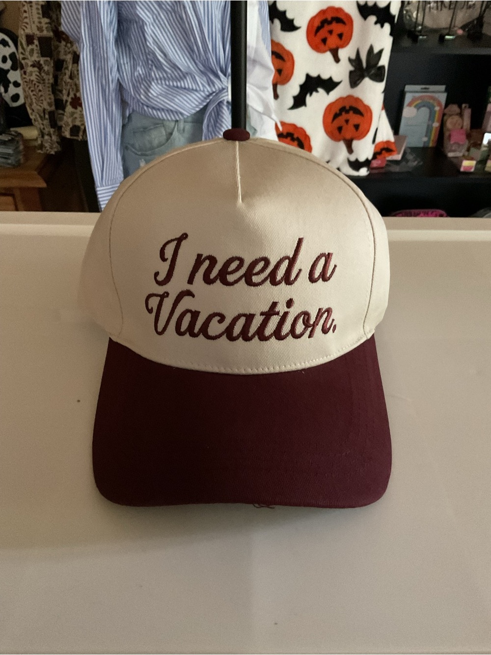 I Need a Vacation Embroidered Two-Tone Trucker Hat - Beige & Burgundy
